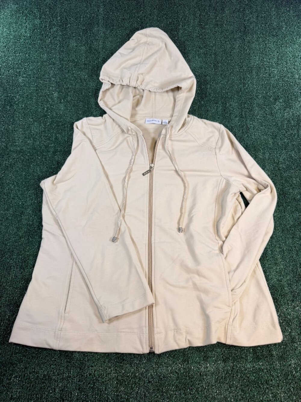 Susan Graver Beige Zip Hoodie Jacket Rhinestone Pull Womens L